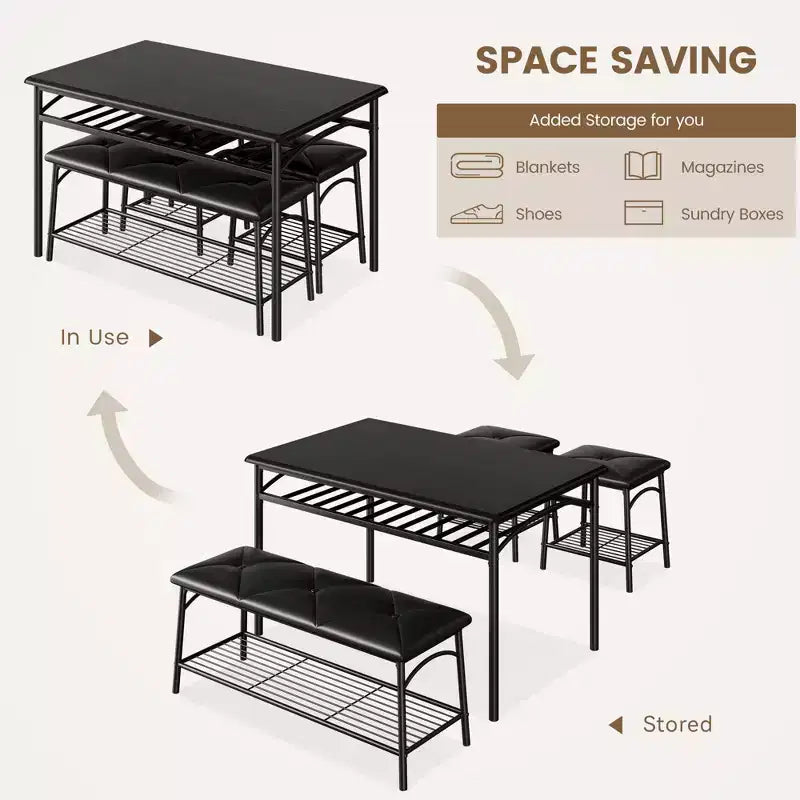 4 Piece Rectangular Kitchen Table Set, with 1 Upholstered Bench and 2 Square Stools