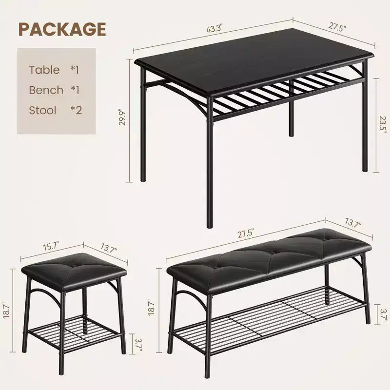 4 Piece Rectangular Kitchen Table Set, with 1 Upholstered Bench and 2 Square Stools