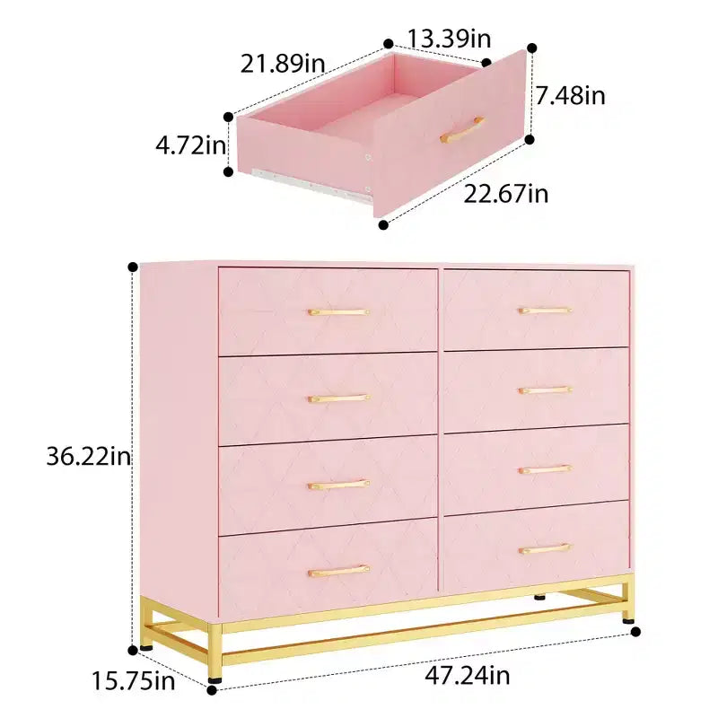 Commode TROPOW pour chambre à coucher avec 8 tiroirs, commode de meuble TV, grande commode en bois pour rangement et organisation (Blanc)