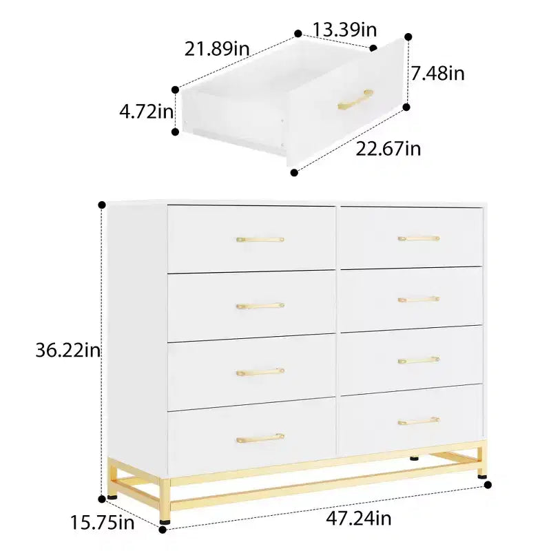 Commode TROPOW pour chambre à coucher avec 8 tiroirs, commode de meuble TV, grande commode en bois pour rangement et organisation (Blanc)