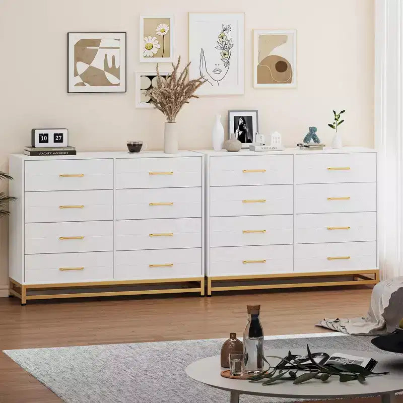 Commode TROPOW pour chambre à coucher avec 8 tiroirs, commode de meuble TV, grande commode en bois pour rangement et organisation (Blanc)