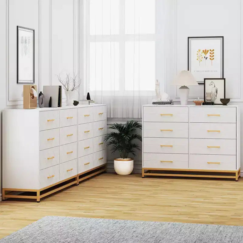 Commode TROPOW pour chambre à coucher avec 8 tiroirs, commode de meuble TV, grande commode en bois pour rangement et organisation (Blanc)