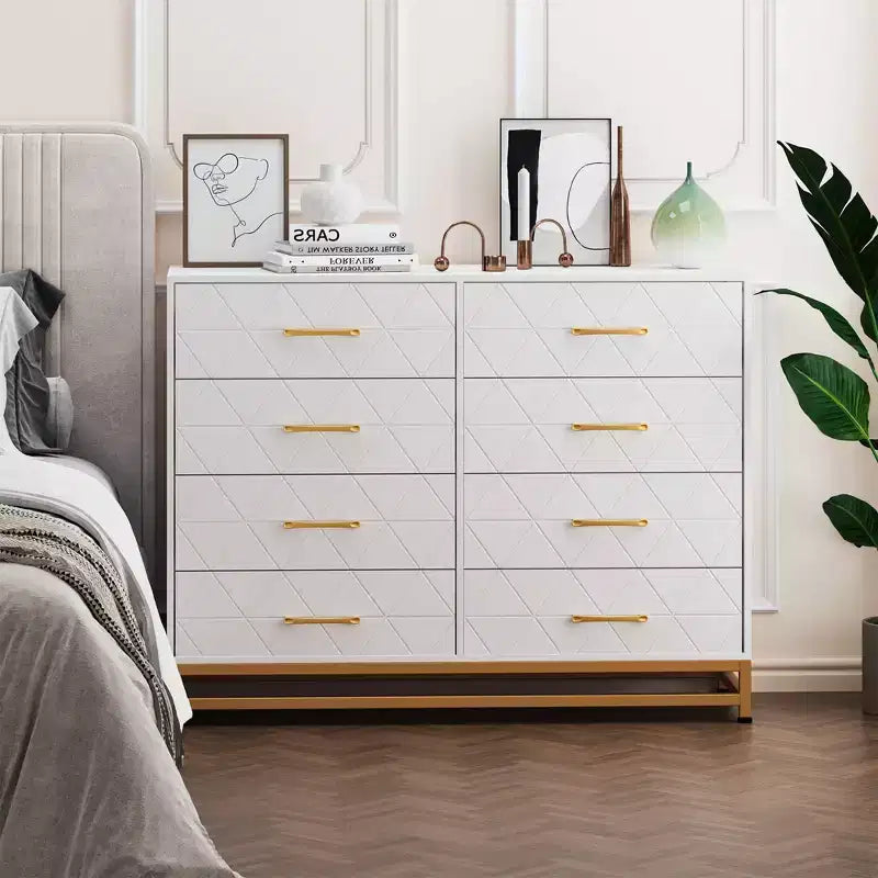 Commode TROPOW pour chambre à coucher avec 8 tiroirs, commode de meuble TV, grande commode en bois pour rangement et organisation (Blanc)
