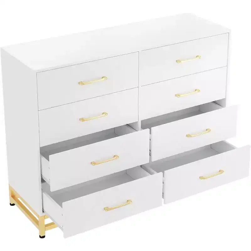 Commode TROPOW pour chambre à coucher avec 8 tiroirs, commode de meuble TV, grande commode en bois pour rangement et organisation (Blanc)