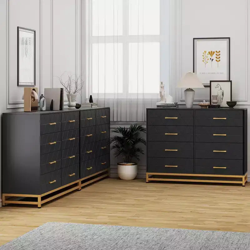 Commode TROPOW pour chambre à coucher avec 8 tiroirs, commode de meuble TV, grande commode en bois pour rangement et organisation (Blanc)