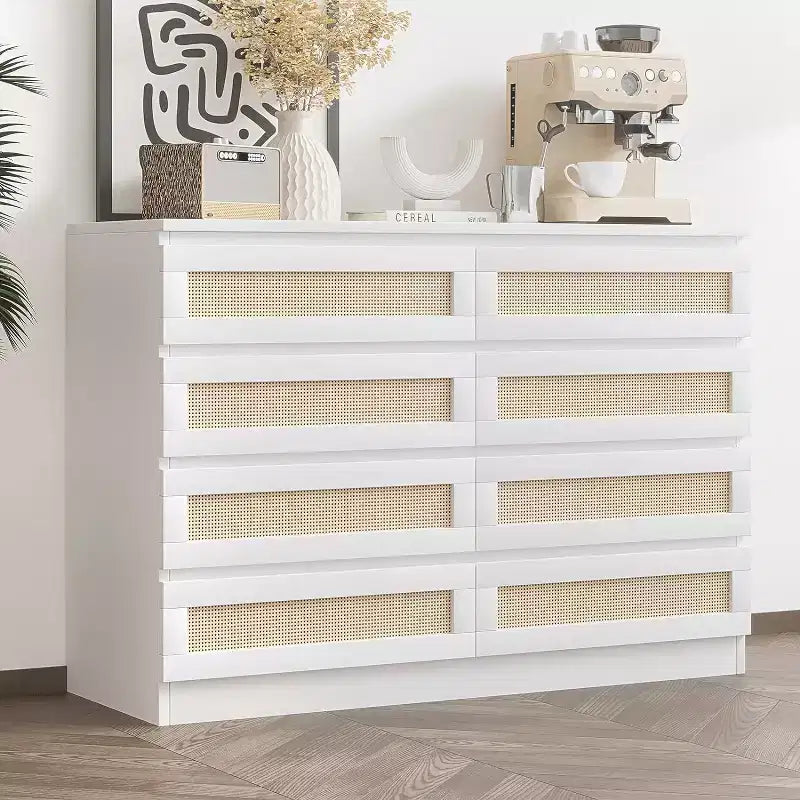 8-Drawer Rattan Double Dresser, Modern Wooden Storage Chest for Bedroom, Nursery, Closet, Living Room, and Entryway