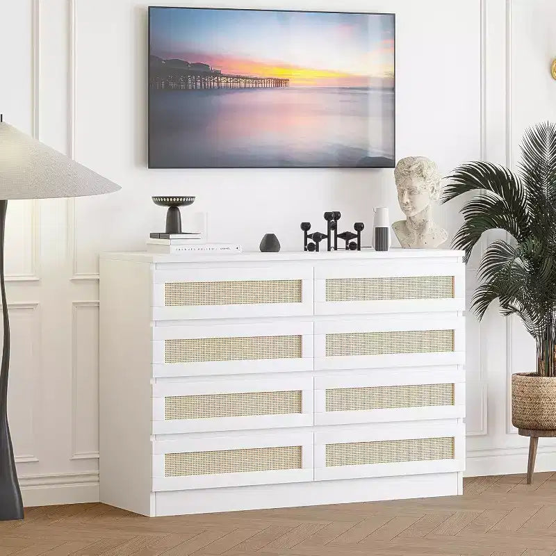 8-Drawer Rattan Double Dresser, Modern Wooden Storage Chest for Bedroom, Nursery, Closet, Living Room, and Entryway