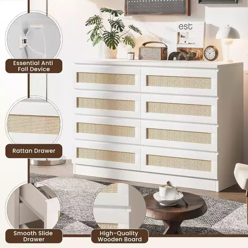 8-Drawer Rattan Double Dresser, Modern Wooden Storage Chest for Bedroom, Nursery, Closet, Living Room, and Entryway