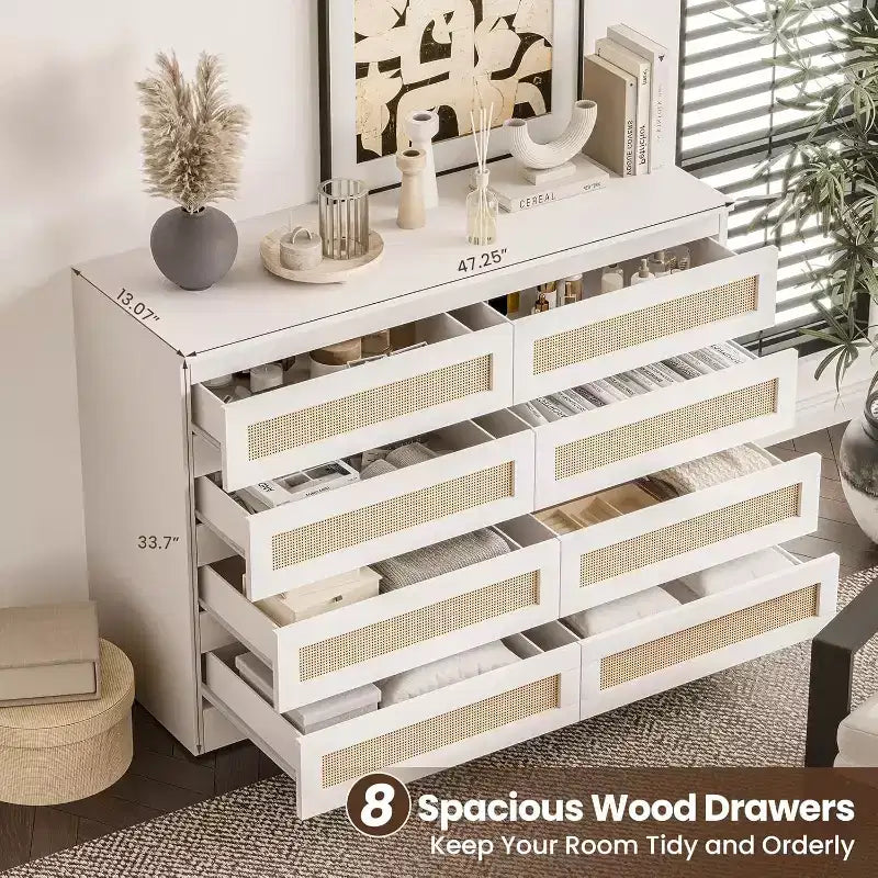 8-Drawer Rattan Double Dresser, Modern Wooden Storage Chest for Bedroom, Nursery, Closet, Living Room, and Entryway