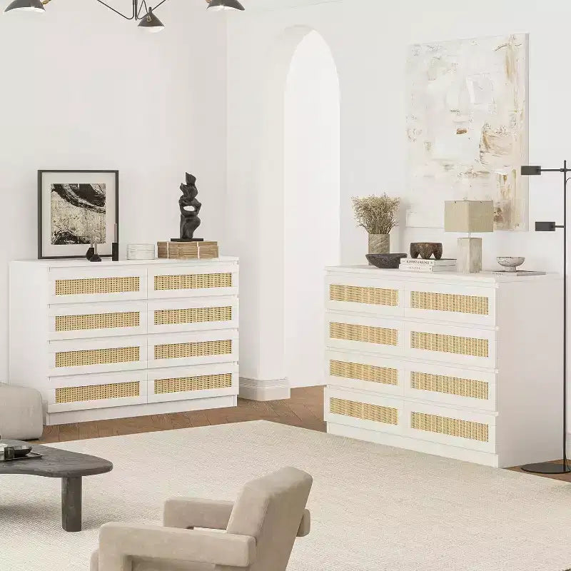 8-Drawer Rattan Double Dresser, Modern Wooden Storage Chest for Bedroom, Nursery, Closet, Living Room, and Entryway