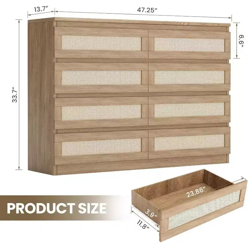 8-Drawer Rattan Double Dresser, Modern Wooden Storage Chest for Bedroom, Nursery, Closet, Living Room, and Entryway