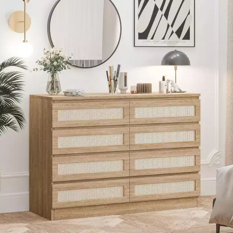 8-Drawer Rattan Double Dresser, Modern Wooden Storage Chest for Bedroom, Nursery, Closet, Living Room, and Entryway