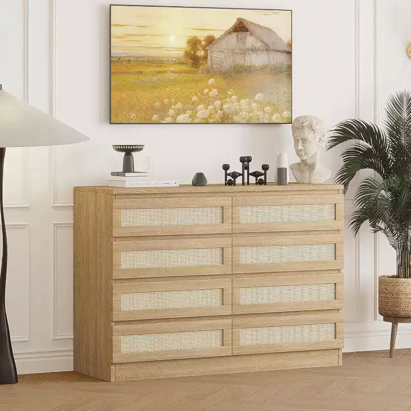 8-Drawer Rattan Double Dresser, Modern Wooden Storage Chest for Bedroom, Nursery, Closet, Living Room, and Entryway