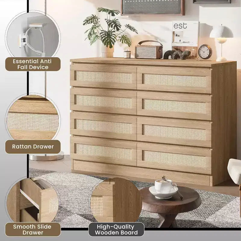 8-Drawer Rattan Double Dresser, Modern Wooden Storage Chest for Bedroom, Nursery, Closet, Living Room, and Entryway