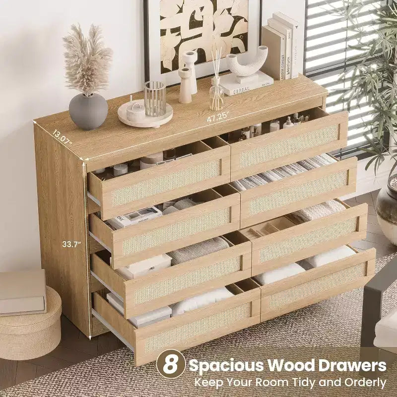 8-Drawer Rattan Double Dresser, Modern Wooden Storage Chest for Bedroom, Nursery, Closet, Living Room, and Entryway