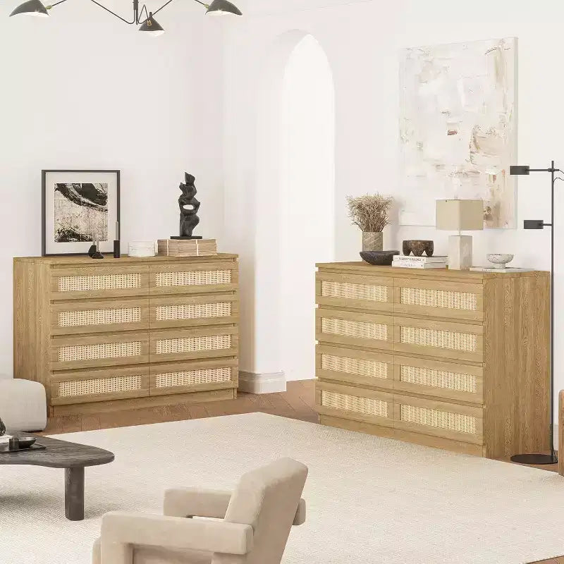 8-Drawer Rattan Double Dresser, Modern Wooden Storage Chest for Bedroom, Nursery, Closet, Living Room, and Entryway
