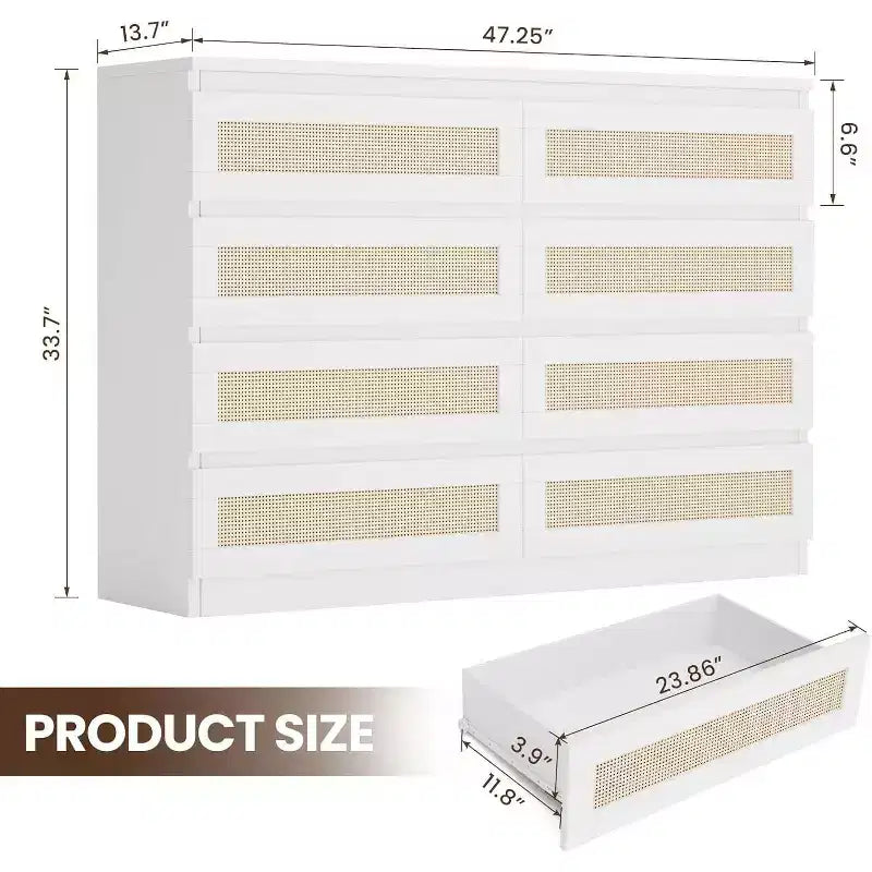 8-Drawer Rattan Double Dresser, Modern Wooden Storage Chest for Bedroom, Nursery, Closet, Living Room, and Entryway