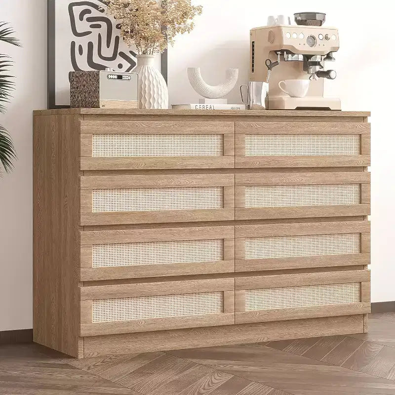 8-Drawer Rattan Double Dresser, Modern Wooden Storage Chest for Bedroom, Nursery, Closet, Living Room, and Entryway