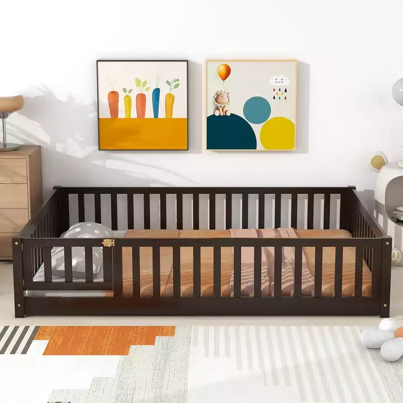 MAYEERTY Full Floor Bed with Fence and Door, Rubber Wood Bed Guardrails Brown