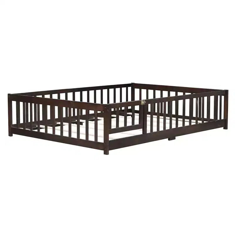 MAYEERTY Full Floor Bed with Fence and Door, Rubber Wood Bed Guardrails Brown