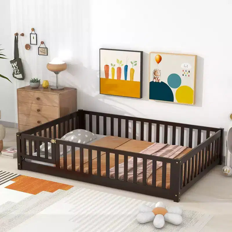 MAYEERTY Full Floor Bed with Fence and Door, Rubber Wood Bed Guardrails Brown