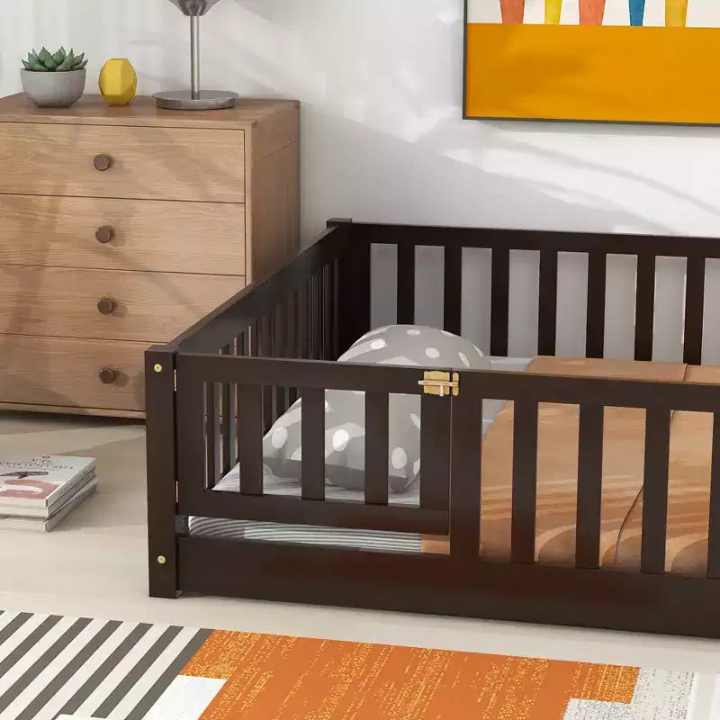 MAYEERTY Full Floor Bed with Fence and Door, Rubber Wood Bed Guardrails Brown