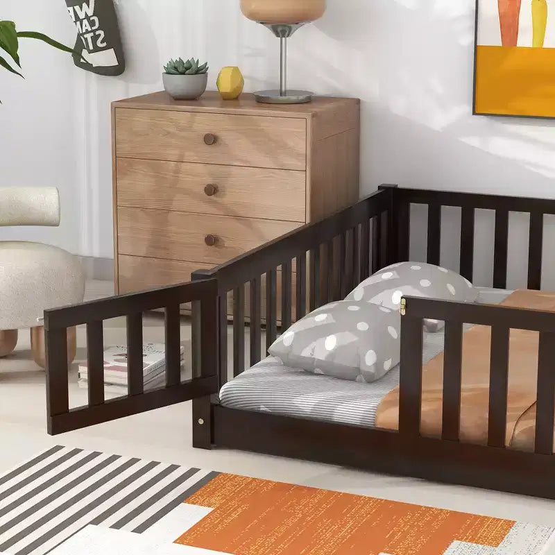 MAYEERTY Full Floor Bed with Fence and Door, Rubber Wood Bed Guardrails Brown