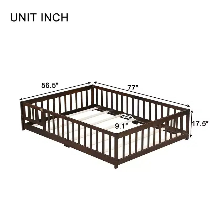 MAYEERTY Full Floor Bed with Fence and Door, Rubber Wood Bed Guardrails Brown