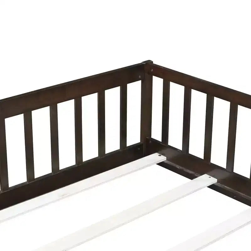 MAYEERTY Full Floor Bed with Fence and Door, Rubber Wood Bed Guardrails Brown