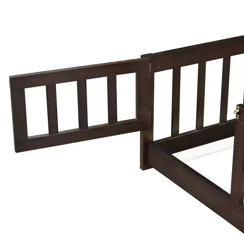 MAYEERTY Full Floor Bed with Fence and Door, Rubber Wood Bed Guardrails Brown