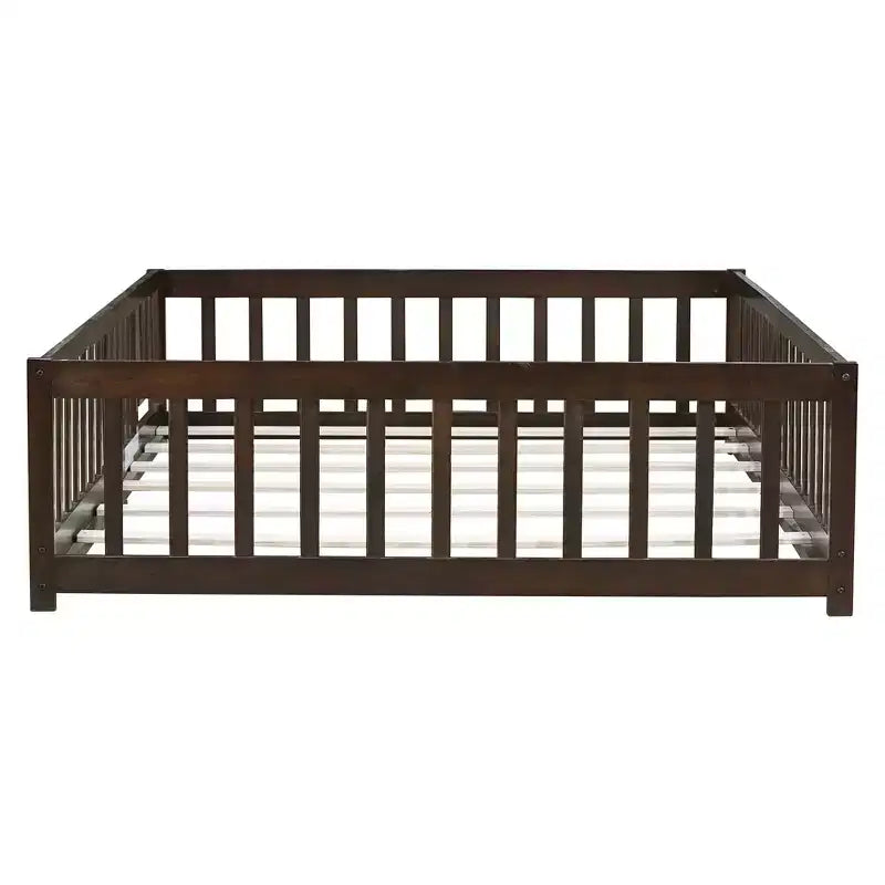 MAYEERTY Full Floor Bed with Fence and Door, Rubber Wood Bed Guardrails Brown