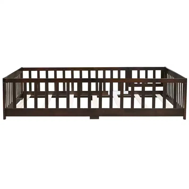 MAYEERTY Full Floor Bed with Fence and Door, Rubber Wood Bed Guardrails Brown