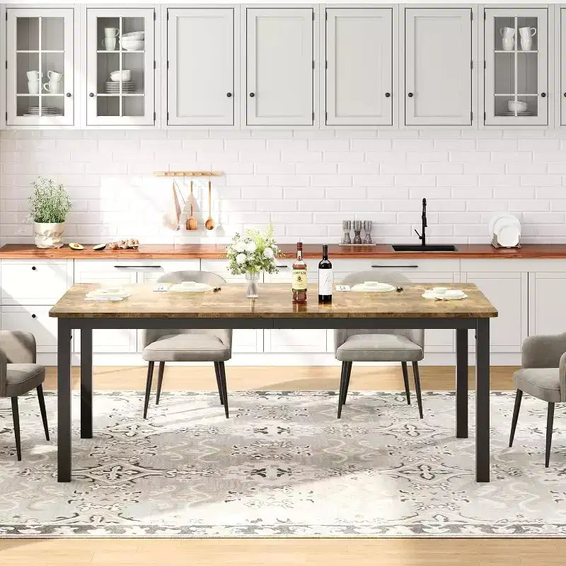 79 grande table à manger rectangulaire pour 6-8 personnes, table de cuisine industrielle en bois avec pieds en métal