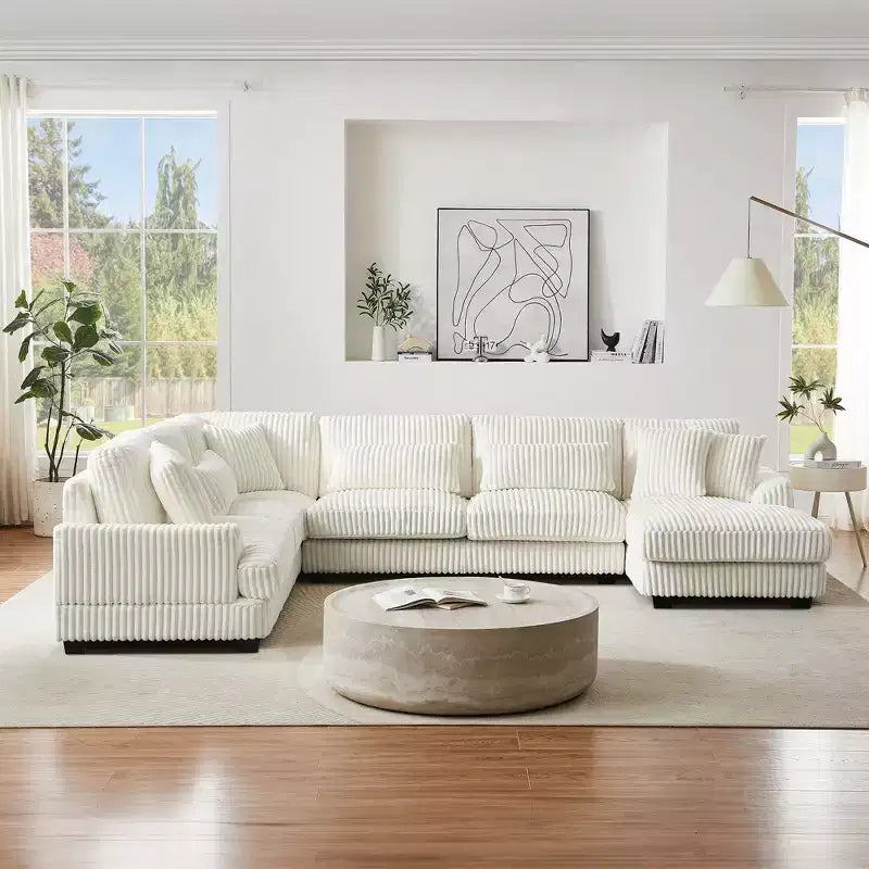 Grand canapé sectionnel en U de 129 pouces, canapé moderne rembourré en velours côtelé doux avec méridienne pour salon, beige