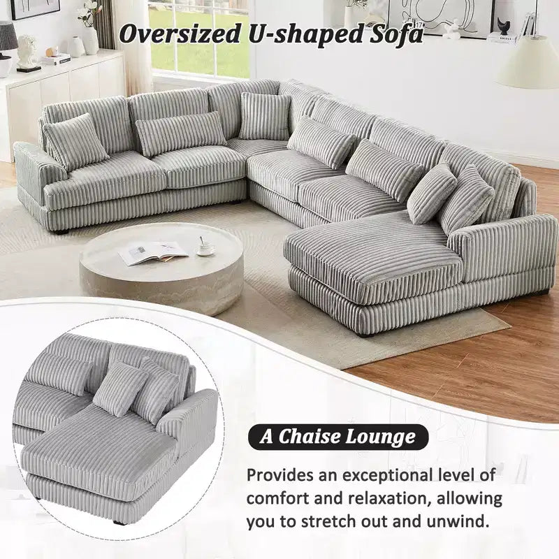 Grand canapé sectionnel en U de 129 pouces, canapé moderne rembourré en velours côtelé doux avec méridienne pour salon, beige