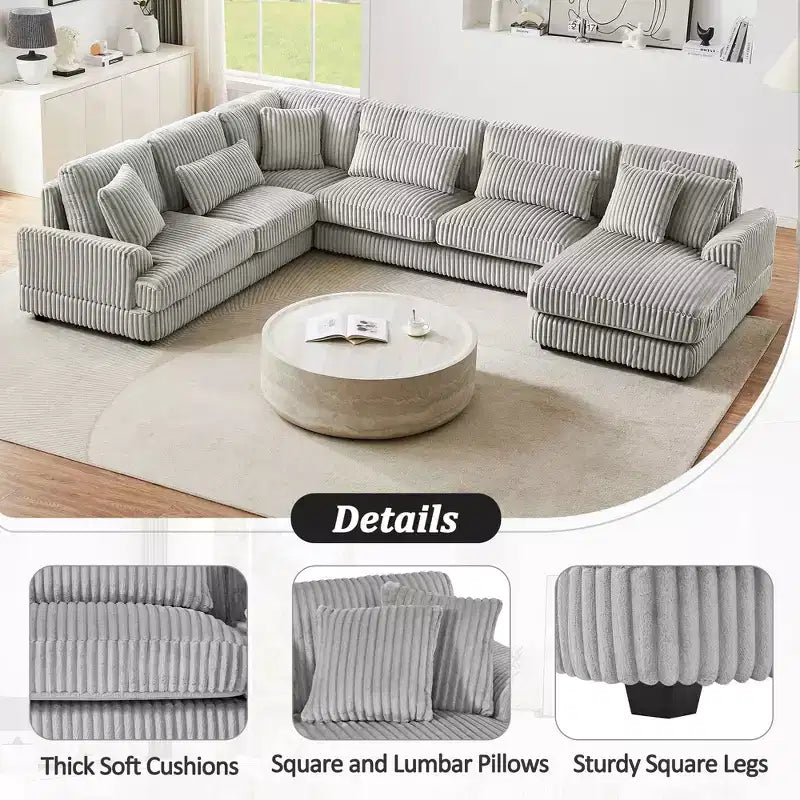 Grand canapé sectionnel en U de 129 pouces, canapé moderne rembourré en velours côtelé doux avec méridienne pour salon, beige