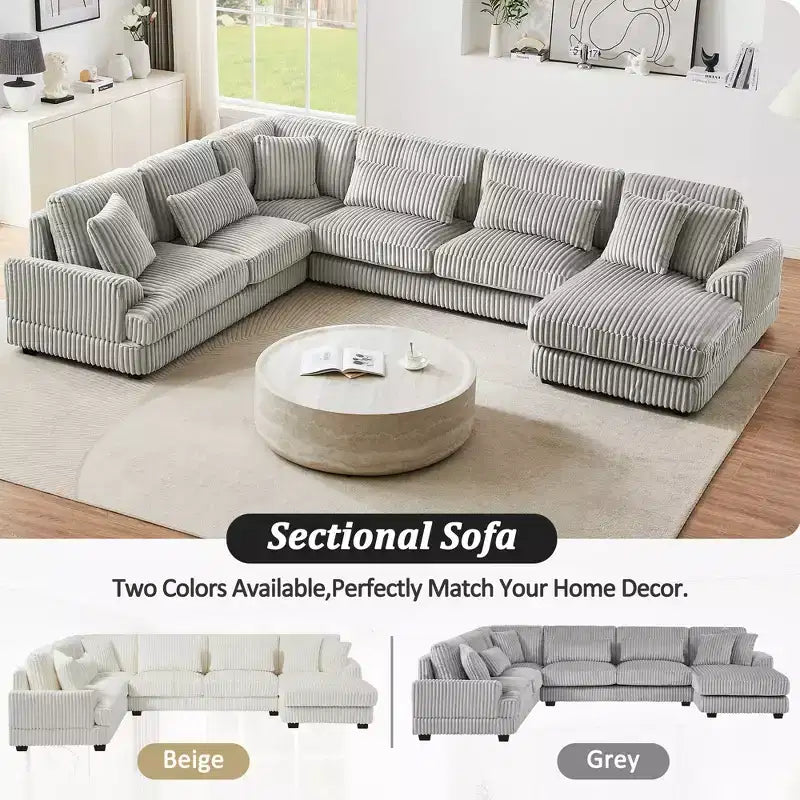 Grand canapé sectionnel en U de 129 pouces, canapé moderne rembourré en velours côtelé doux avec méridienne pour salon, beige