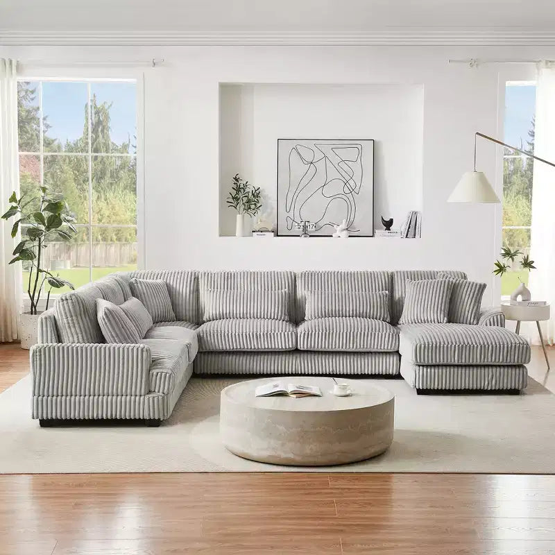 Grand canapé sectionnel en U de 129 pouces, canapé moderne rembourré en velours côtelé doux avec méridienne pour salon, beige