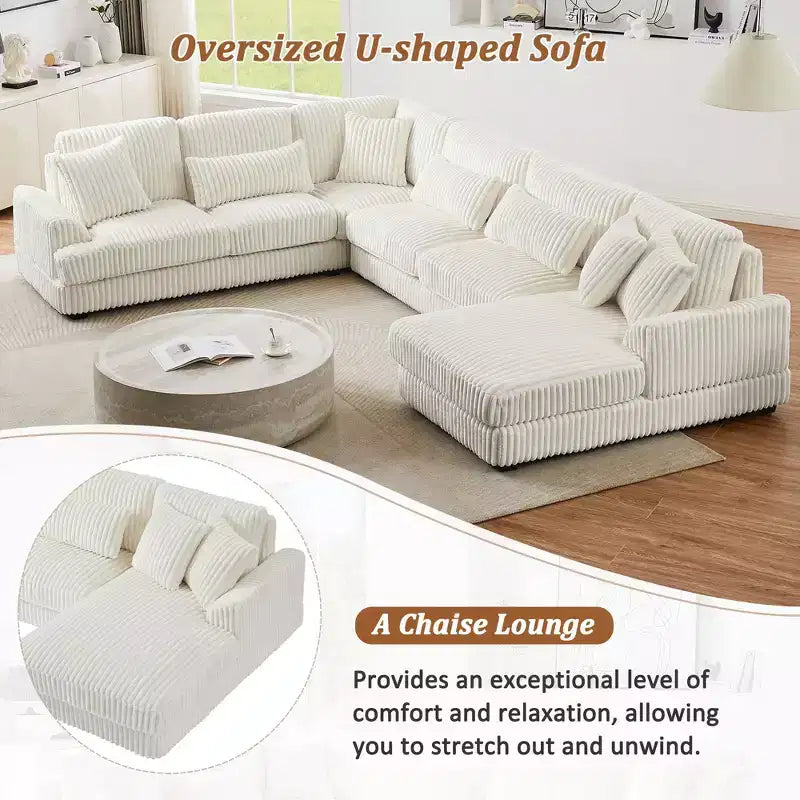 Grand canapé sectionnel en U de 129 pouces, canapé moderne rembourré en velours côtelé doux avec méridienne pour salon, beige