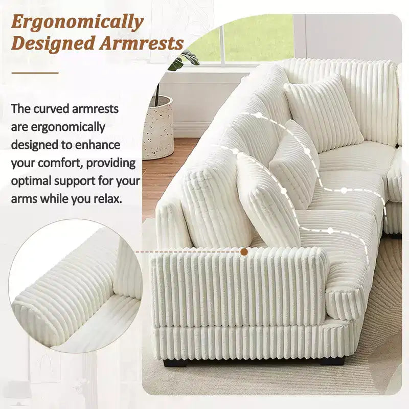 Grand canapé sectionnel en U de 129 pouces, canapé moderne rembourré en velours côtelé doux avec méridienne pour salon, beige