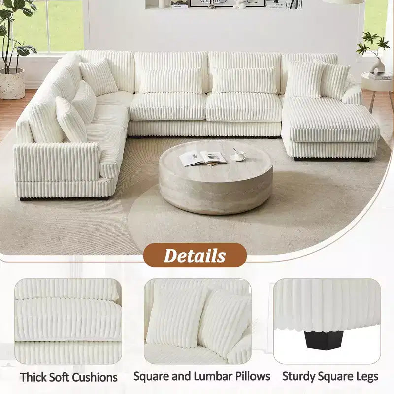 Grand canapé sectionnel en U de 129 pouces, canapé moderne rembourré en velours côtelé doux avec méridienne pour salon, beige