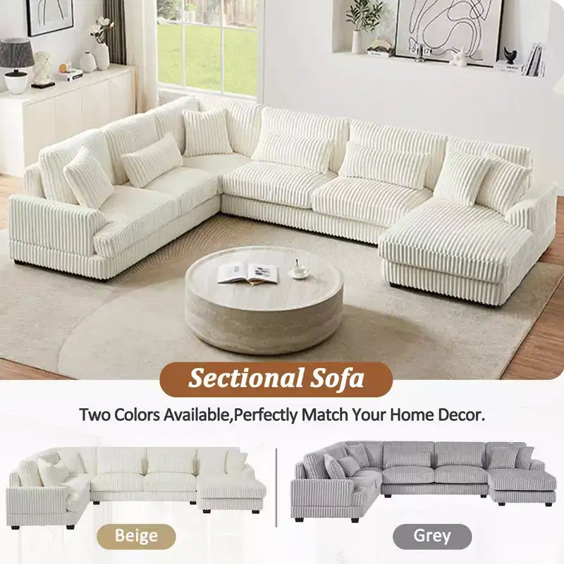 Grand canapé sectionnel en U de 129 pouces, canapé moderne rembourré en velours côtelé doux avec méridienne pour salon, beige