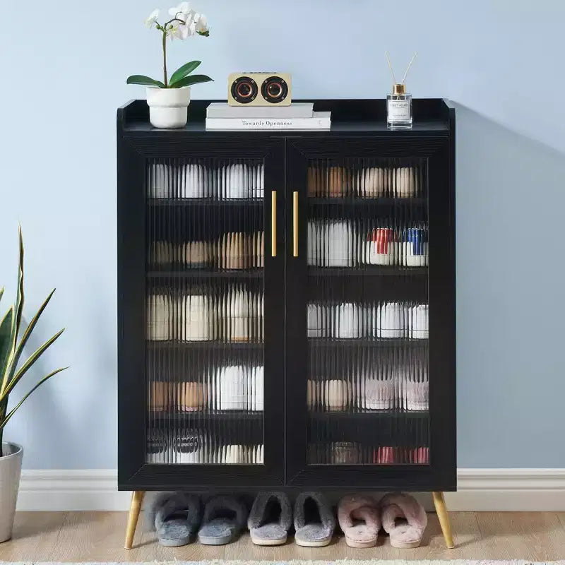 5 Tier Shoe Storage Cabinet with Glass Doors & Adjustable Shelf for Entryway, 20 Pairs Slim Wood Shoe Rack Organizer for Hallway Apartments