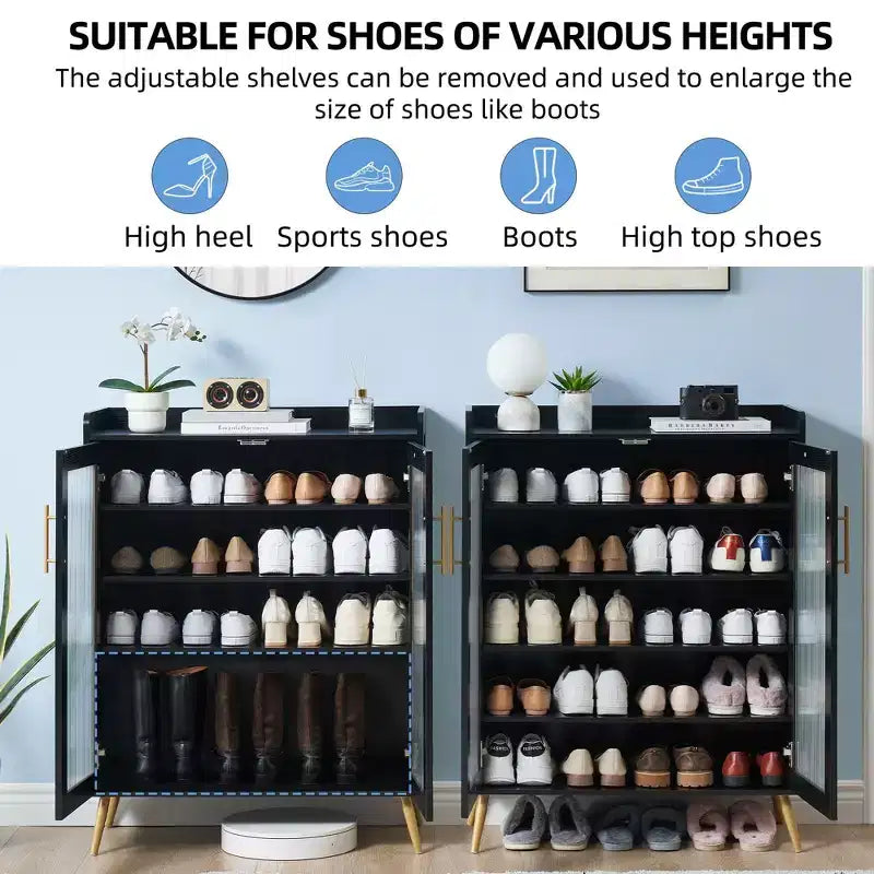 Meuble à chaussures 5 niveaux avec portes vitrées et étagère réglable pour entrée, organisateur de chaussures fin en bois pour 20 paires pour couloir d'appartements