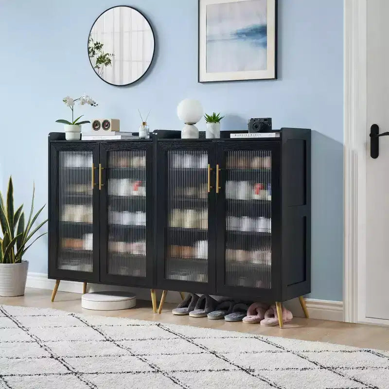 Meuble à chaussures 5 niveaux avec portes vitrées et étagère réglable pour entrée, organisateur de chaussures fin en bois pour 20 paires pour couloir d'appartements