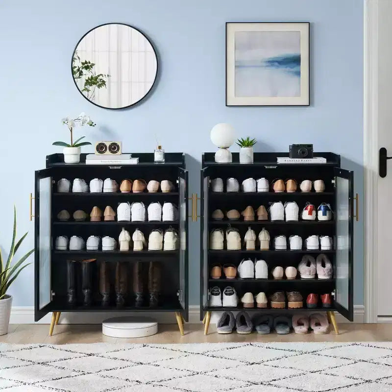Meuble à chaussures 5 niveaux avec portes vitrées et étagère réglable pour entrée, organisateur de chaussures fin en bois pour 20 paires pour couloir d'appartements