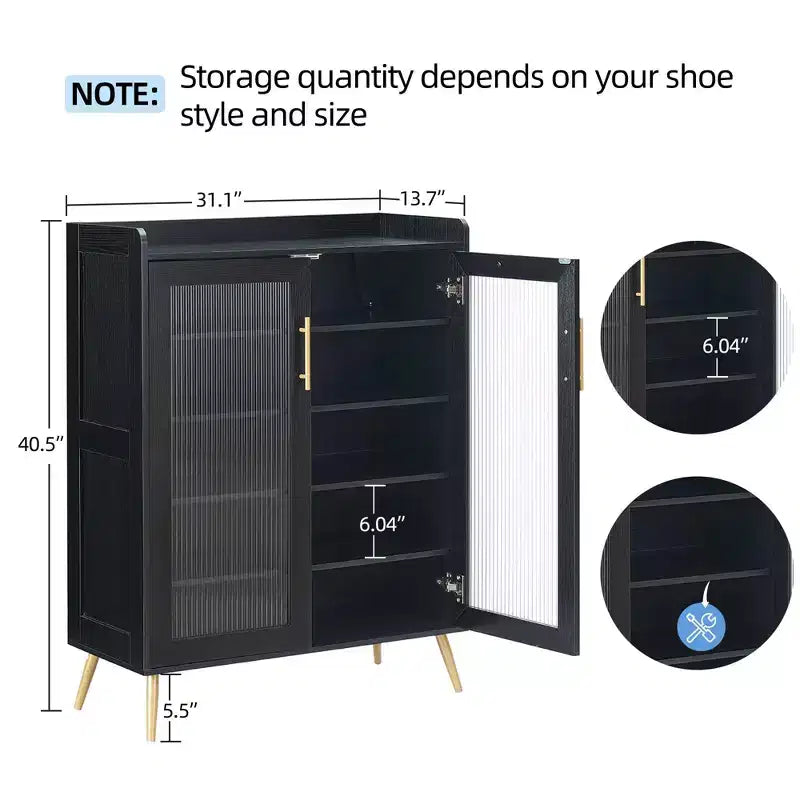 Meuble à chaussures 5 niveaux avec portes vitrées et étagère réglable pour entrée, organisateur de chaussures fin en bois pour 20 paires pour couloir d'appartements