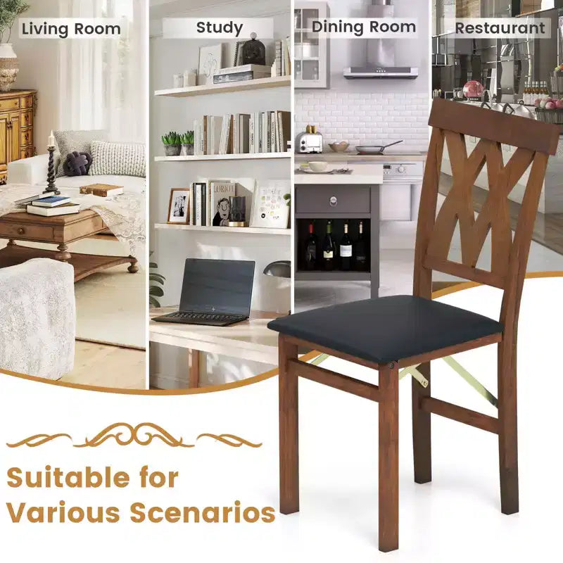 Lot de 2/4 chaises de cuisine pliantes Costway avec structure en bois d'hévéa, assise rembourrée en cuir PVC blanc/marron