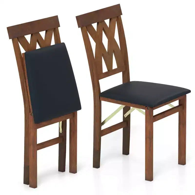 Costway Folding Kitchen Chairs Set of 2/4 with Rubber Wood Frame Padded Seat with PVC Leather White/Brown