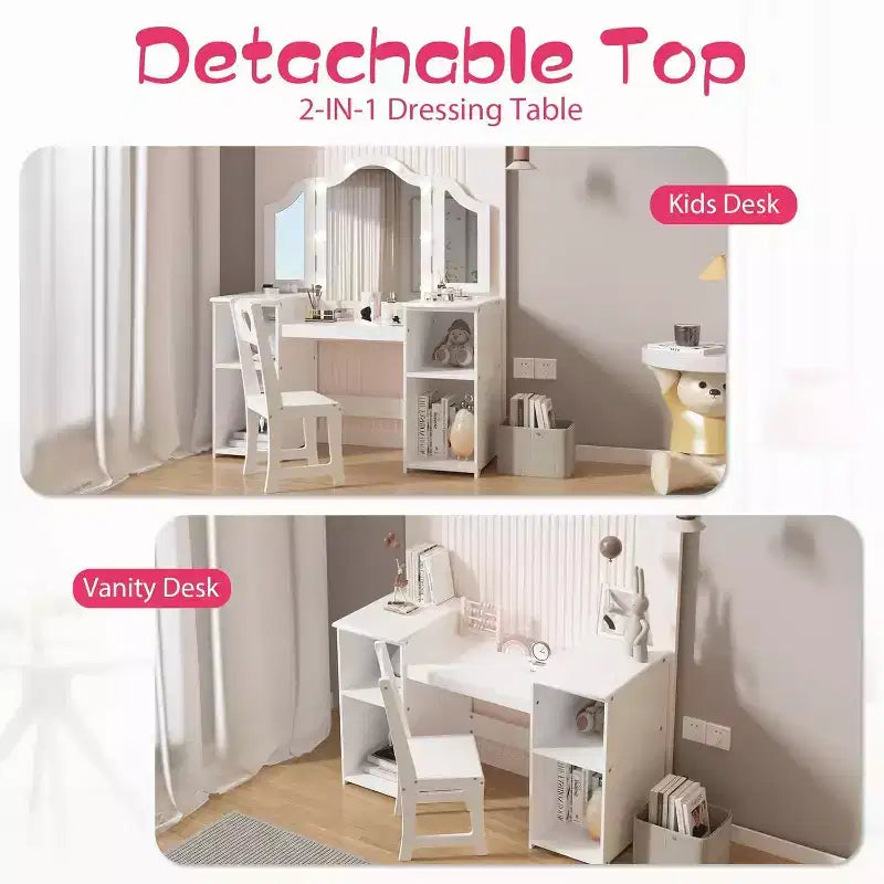 Kids Vanity Table - Princess Dressing Table with Touch Light, Detachable Tri-Folding Mirror, Open Storage Shelves, Wood Makeup Playset with Girls